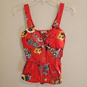 Liberty Love Red Floral Zip Front Peplum Corset Top Women Summer Cottage Fairy M